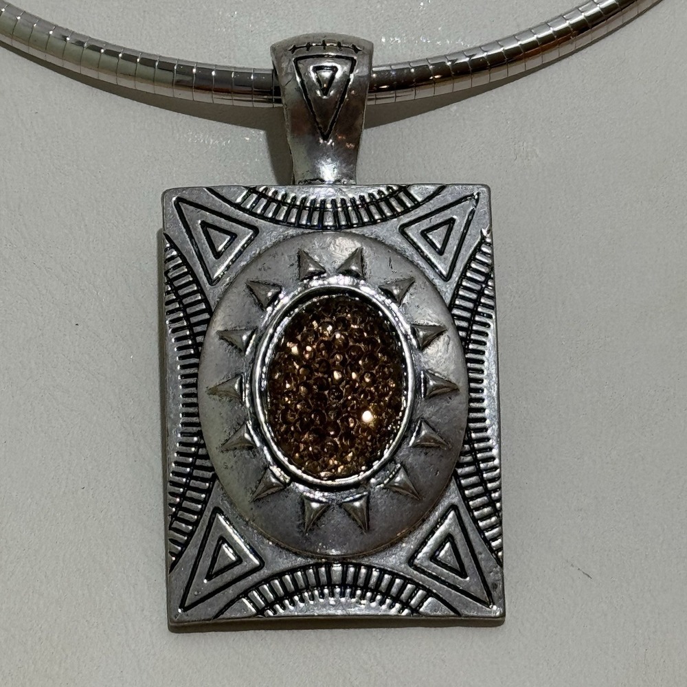 Statement Pendant Silver Tone Smokey Amber Rhinestones Magnetic Clasp Necklace